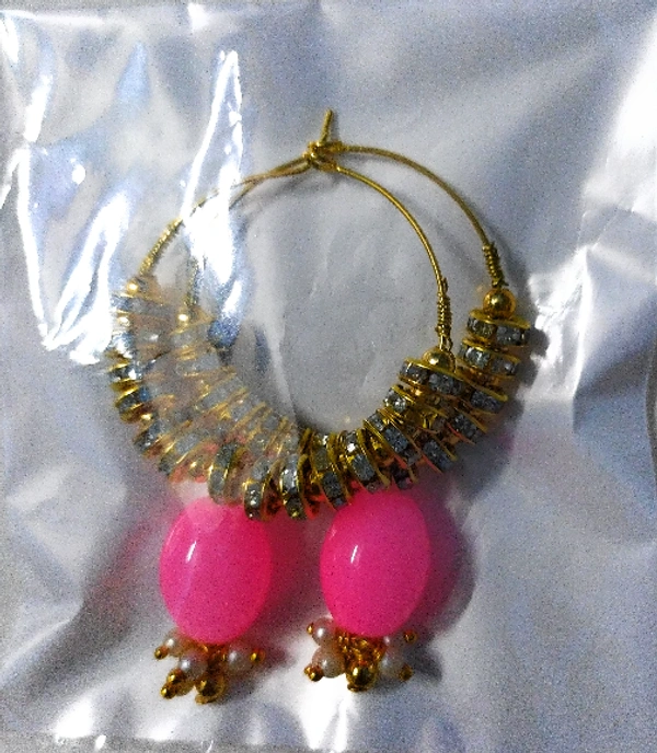 NIBRAS Pink Rhinestone Spacers Beads Drop Hoop Earrings - B09JKF37Q7, 10 gm, 6.5cm x 4cm x 1cm
